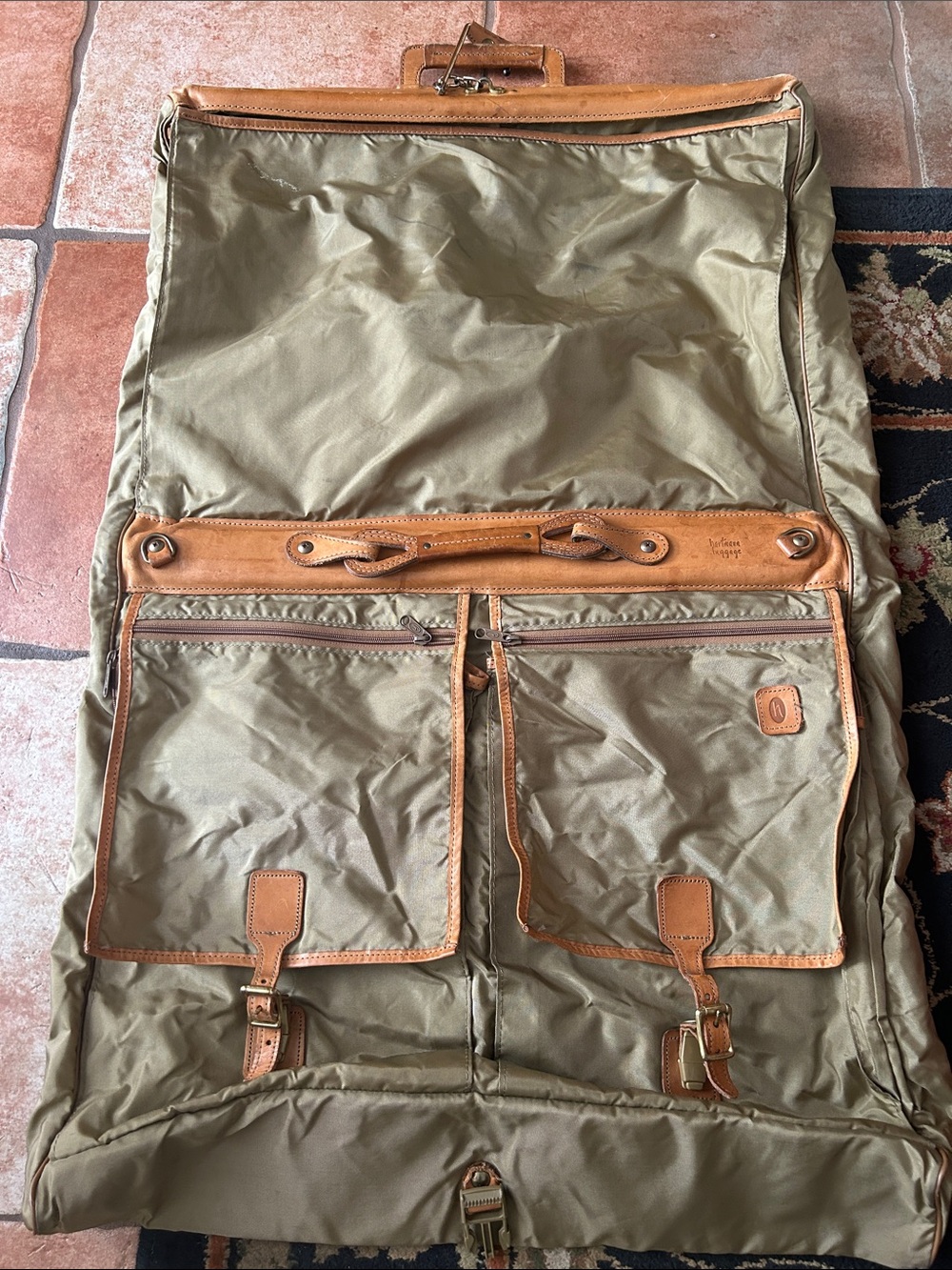 Olive Travel Garment Bag with Tan Leather Trim